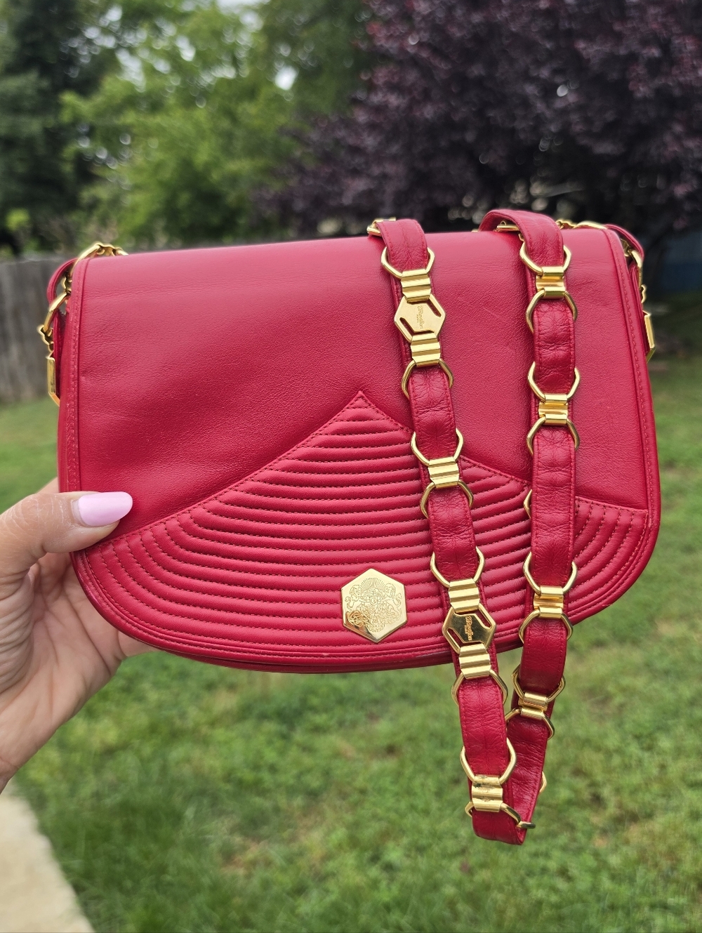 Revillon Vintage Red Leather Quilted Crossbody Bag with Gold Chain Hardware